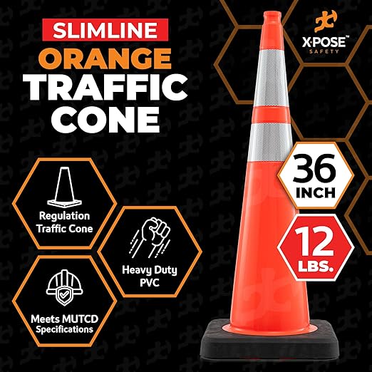 Xpose Safety 36 Inch Orange Slim Line Traffic Cones Heavy Duty 12lb with 6" & 4" Collars, 48 Pack Multipurpose PVC Plastic Safety Cone for Parking, Soccer, Caution, Kids & Construction - DOT Approved