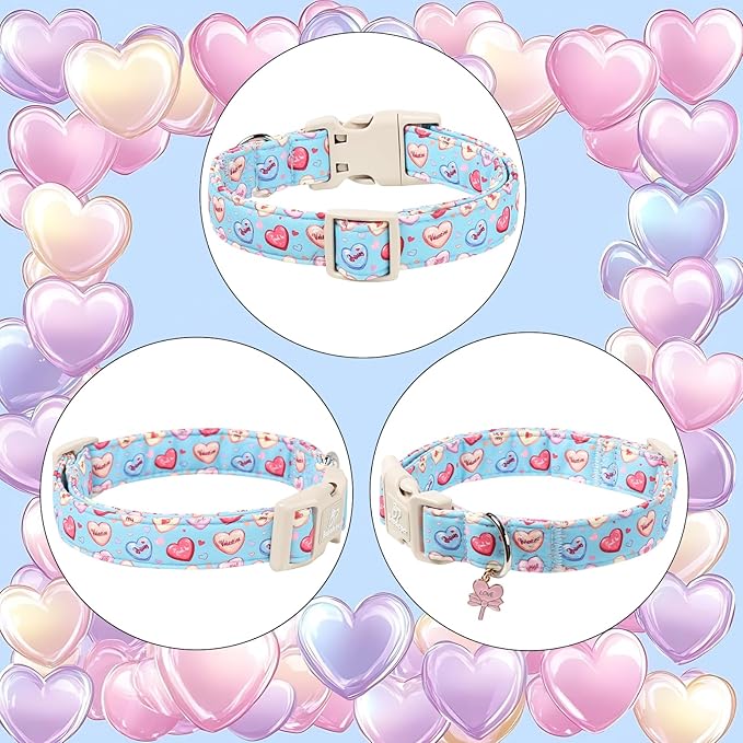 Valentines Dog Collar for Small Dogs - Valentine Candy Hearts Dog Collars, Love Boy Girl Dogs Collars, Lightweight Adjustable Cute Blue Puppy Collar with Quick-Release Buckle S