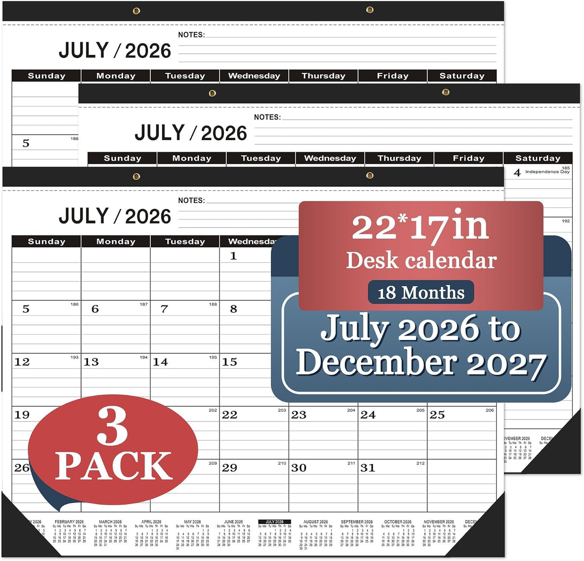 Desk Calendar 2026-2027 -3 PACK-July 2026 to December 2027-Desk Calendar 2026-2027 Large 22 x17,2027 Calendar,Classic Black,Large Calendar 2026-2027 with Plastic Cover.
