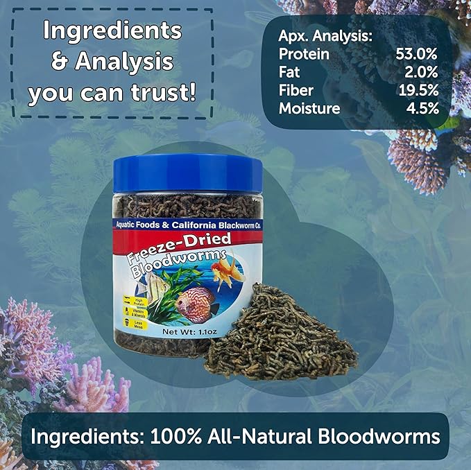 Aquatic Foods Inc. Bloodworms, Grade A Freeze Dried Floating Bloodworms for Cichlids, Discus, Goldfish, Bettas, Angel Fish, Marine Fish, 12-Type Pellet Mix & 4-Type Wafer Mix Included..1.0oz Canister