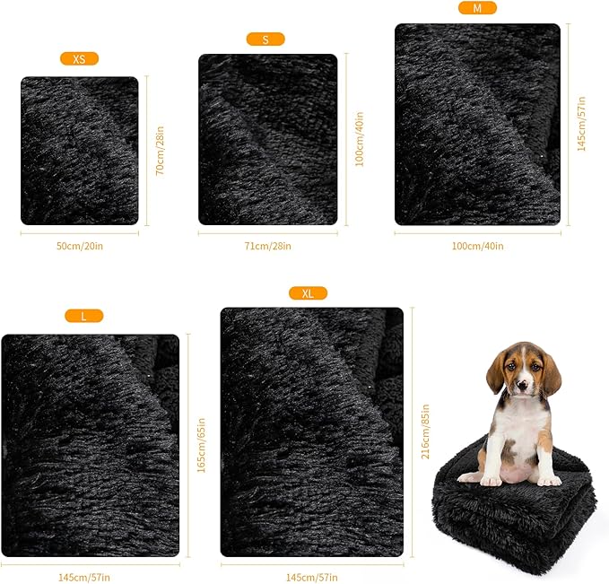 Calming Fleece Cat Blankets Black Waterproof Pets Blanket for Dogs Reversible Long Faux Fur Puppy Throw Blankets(Black,L)