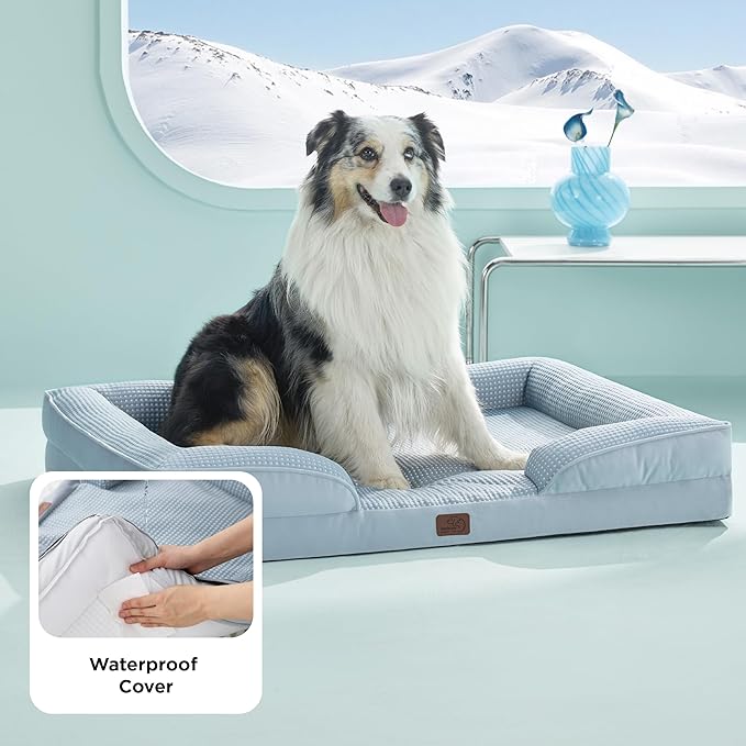 Bedsure L Plus Orthopedic Dog Bed for Large Dogs - Washable Dog Cat Bed Waterproof, L Plus Big Comfort Dogs Couch Sofa with Washable Removable Cover, Pet Bed with Nonskid Bottom, Cooling Blue, 38"