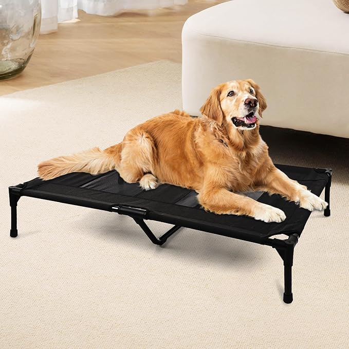 Raised Dog Bed Cooling Cot for Indoor Outdoor Use Portable Waterproof Mesh Pet Bed Washable for Large Medium Small Dogs, Black