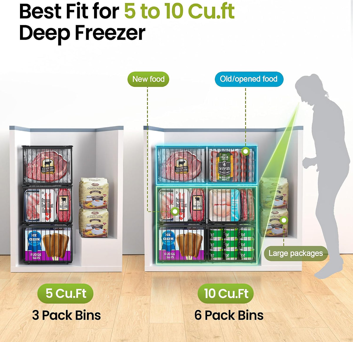 Freezer Organizer Bins, 3 Pack Enlarged Baskets for 5-9 Cu.FT Deep Freezer