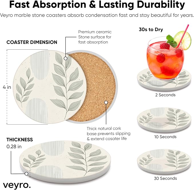 VEYRO Ceramic Coasters Set of 6 – Absorbent Stone Drink Coasters