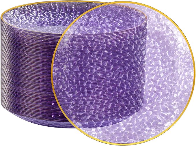 Rubtlamp 100Pcs Plastic Purple Dinner Plates, Heavy Duty 10 Inch Gold