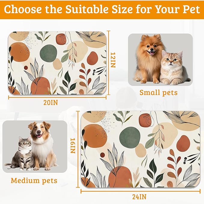 Boho Dog Cat Food Mat,Abstract Leaves Absorbent Waterproof Placemat for Food and Water Non Slip Rubber Backing Durable Feeding Pad for Clean Floors 16" x 24"