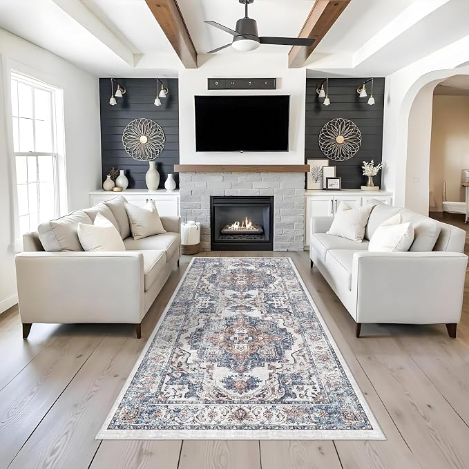Washable 4x8 Hallway Area Rug: Vintage 8ft Water Resistant Soft Runner Rug