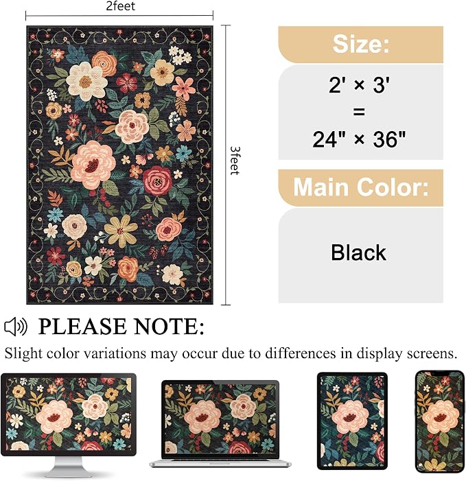 DUKINO 2x3 Rugs for Entryway, Floral Indoor Washable Door Mat, Non Slip Boho