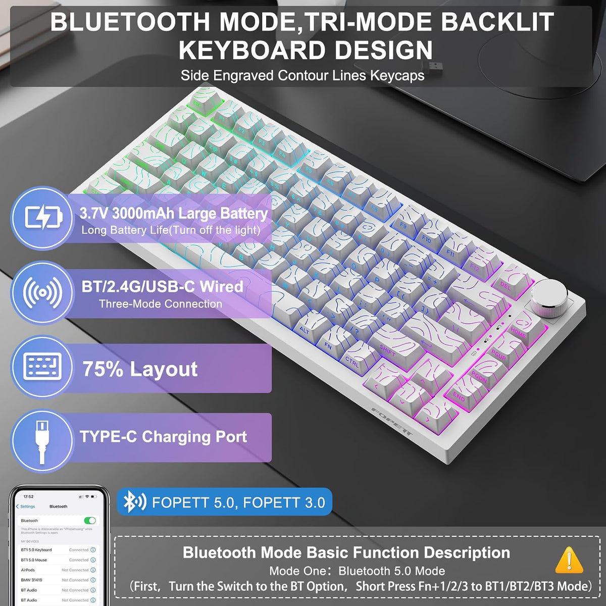 FOPETT Wireless Mechanical Keyboard Rechargeable Adjustable Backlight Three Mode Wired /2.4G /Bluetooth Side Engraved for Laptop/Windows/PC - Contour Lines White
