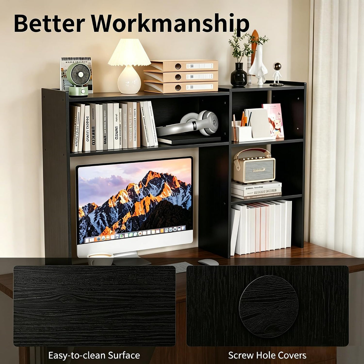 Aetheris Desktop Bookshelf, 43”Adjustable Office Desktop Organizer Shelf, Countertop Storage Hutch with 4 Shelves for Computer Desk, Adjustable Desk Hutch, Wooden Desktop Bookcase (Black)