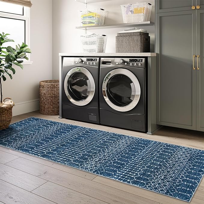 Lahome Moroccan Blue Runner Rug 2x6 Rug Non-Slip Stain Resistant Kitchen Rug