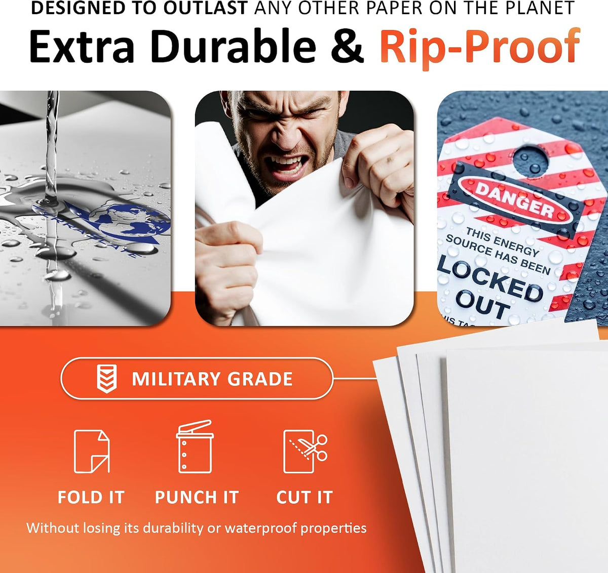 TerraSlate Waterproof Laser Printer Paper – 8 Mil 8.5"x14", 100 Sheets, White – Rip-Proof, Heavy-Duty for Outdoor Use, Smudge Proof, Ideal for Printing, Copying & More
