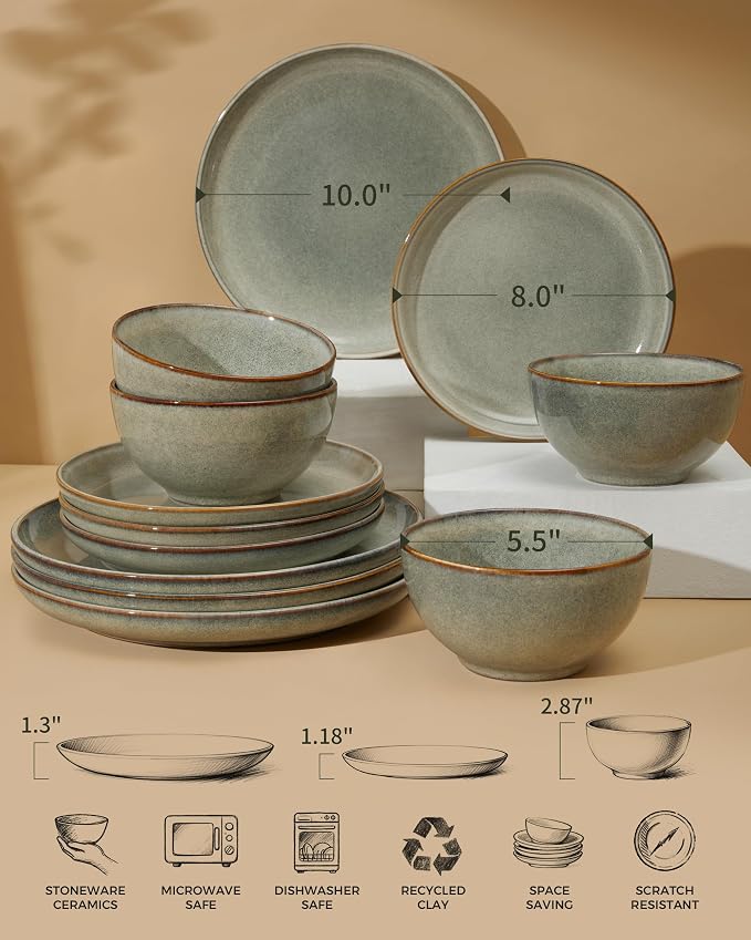 Stoneware Dinnerware Sets for 6, 18 Pieces Ceramic Plates and Bowls Sets