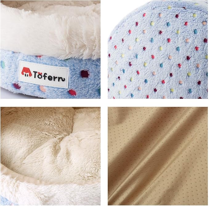 Tofern Dog Beds for Small Dog Cats Colorful Dots Pattern Striped Cute Fleece Warm Washable Igloo Pet Bed with Removable Cover
