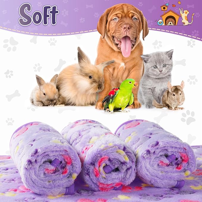 Tatuo 4 Pcs Dog Blanket for Pet Cat Blankets Indoor Puppy Teething Stuff Toys Paw Print Fleece Soft Blanket Sleep Mat for Guinea Pig Cage(Purple,Medium(30 x 20.5 Inch),Square)