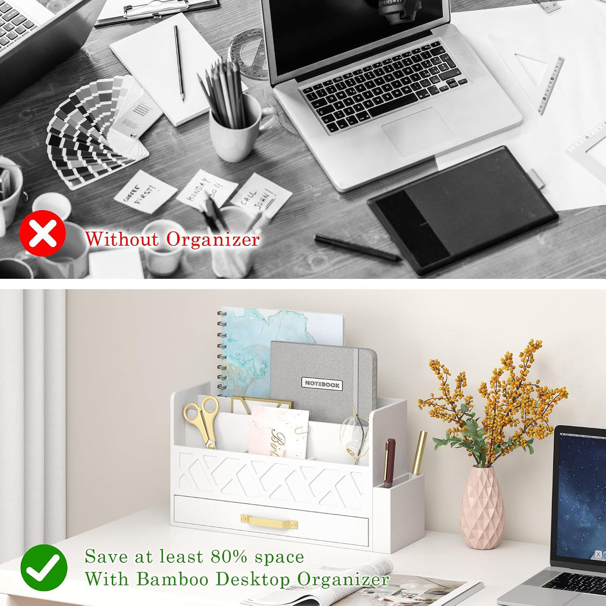 Wisuce Bamboo Mail Organizer Countertop with Drawer and Pen Holder, White