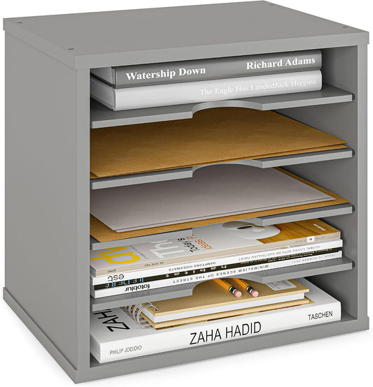Ballucci 5-Tier File Organizer for Desk, Wooden Mail Sorter, Office Desk Organization, Paper Storage Organizers, Folder Holder for Desk, Letter Trays & Stacking Supports, Gray