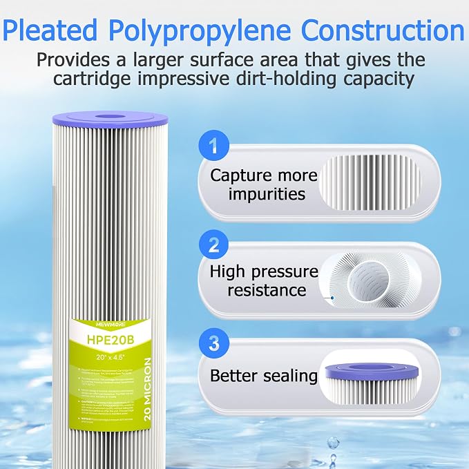 20 Micron Whole House Water Filter Cartridge, Pleated Sediment Filters