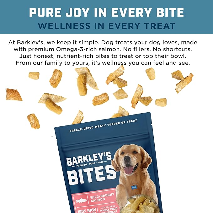 Barkley’s Bag Salmon Bites, Freeze Dried Dog Treats and Food Topper, Made with Wild-Caught Salmon, Bite-Sized Whole Pieces for Training Rewards, for All Dog Breeds, Ages & Sizes, 4 Oz Bag (1 Pack)