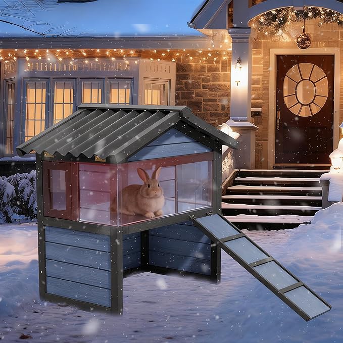 Outdoor Rabbit Hutch, Weatherproof Rabbit Cage Indoor 100% Insulated Foam Bunny Cage Small Pet House with Openable Roof,Flip Acrylic Side Door for Winter Outside (Blue)