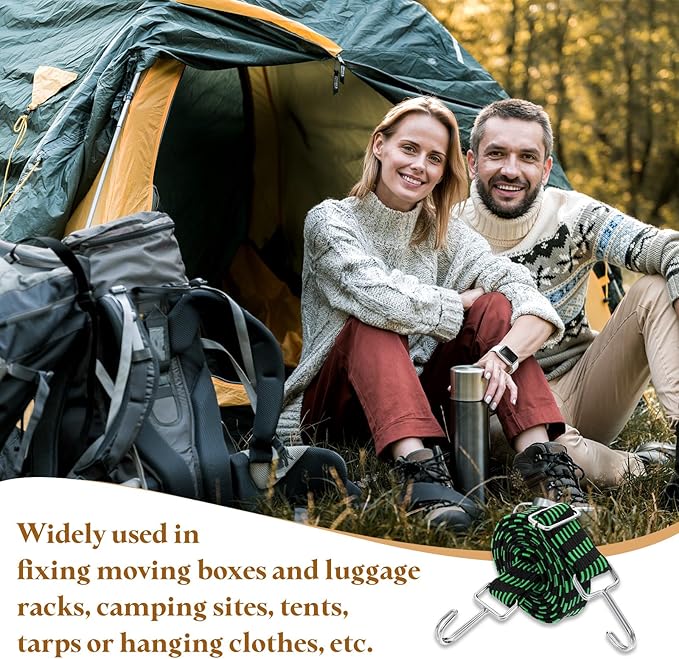 uxcell 2Pcs Adjustable Bungee Cords with Hooks, 79 Inch Flat Heavy Duty Elasticity Straps Rubber Bungee Cords with Buckle for Outdoor, Camping, Tarp, Bike Rack, Luggage, Black Green