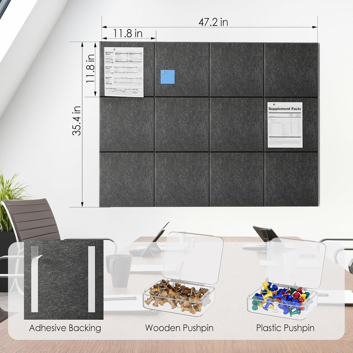 MaxGear Felt Bulletin Board 48" x 36", Dark Gray Felt Wall Tiles Wall Decor