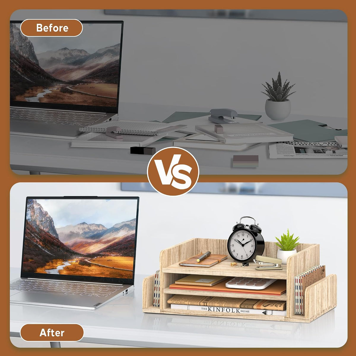 Wooden Desk Organizer, 3-Tier Paper Trays with 2 Mail Sorters, Natural Wood