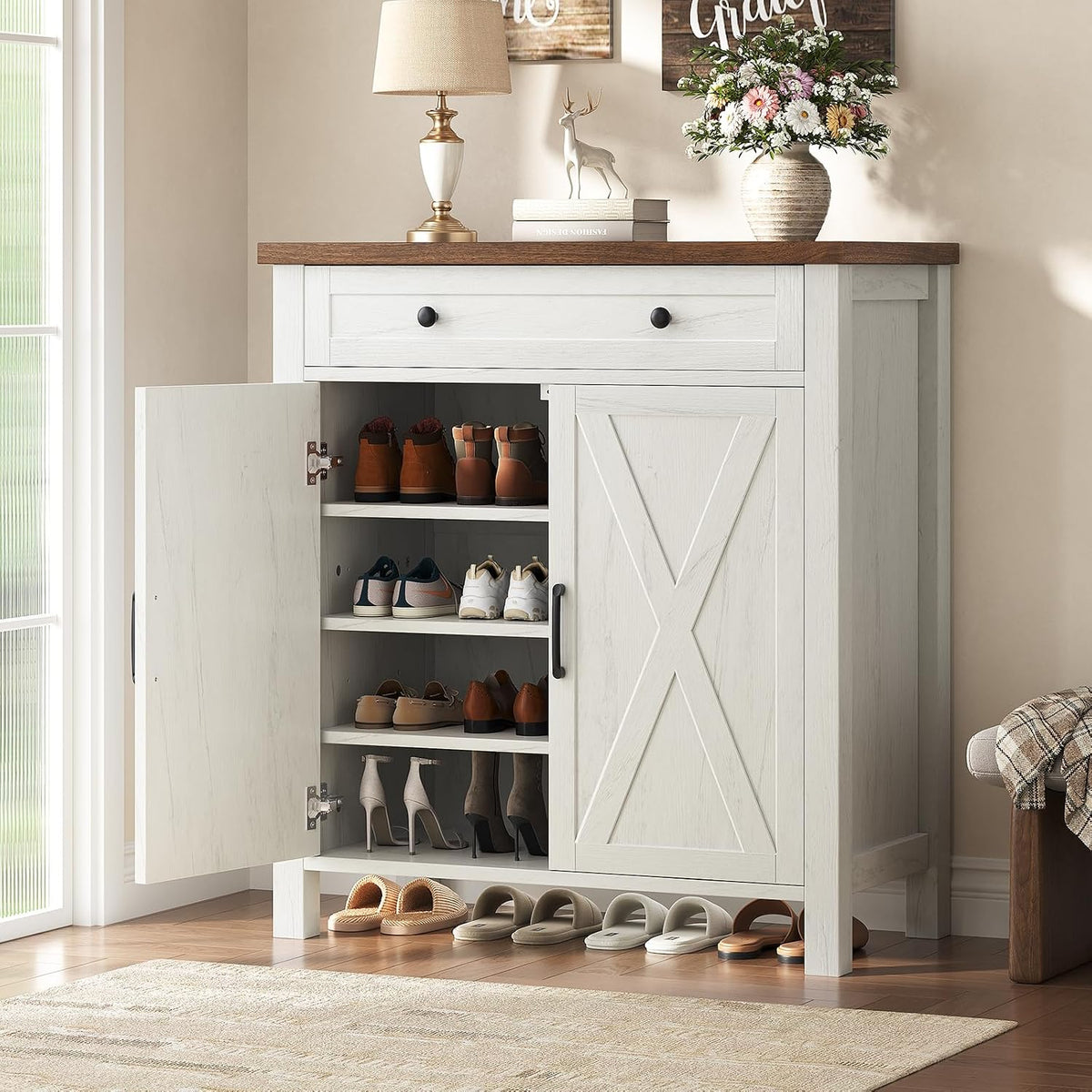 Farmhouse Shoe Storage Cabinet, 5-Tier High Boots Organizer with Adjustable Shelves, Large Drawer & Barn Doors, Entryway Shoe Rack for Hallway Living Room, White
