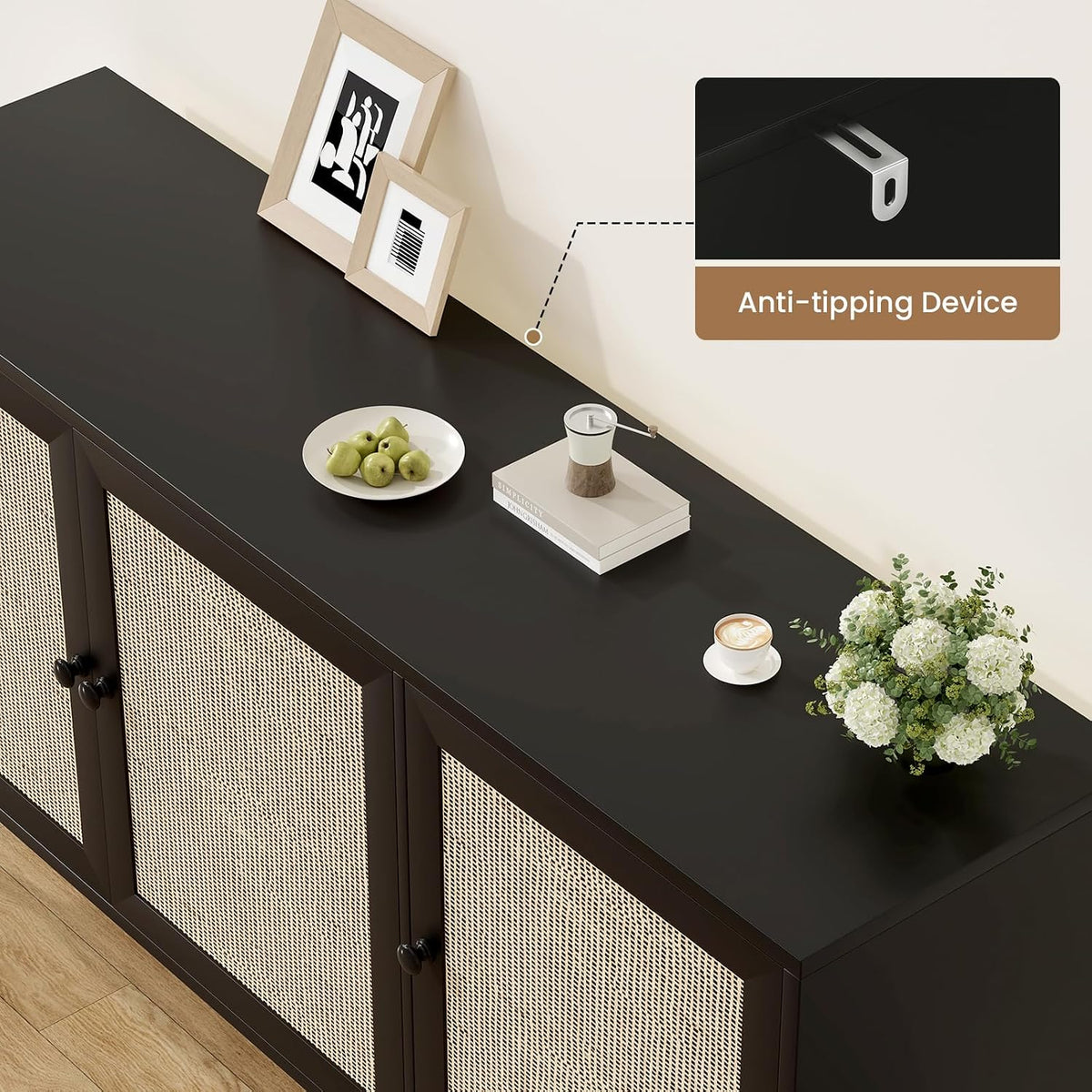 Farini Side Buffet Cabinet with Rattan Doors,Kitchen Sideboard Coffee Bar Storage Console Table,Black,59.1 inch