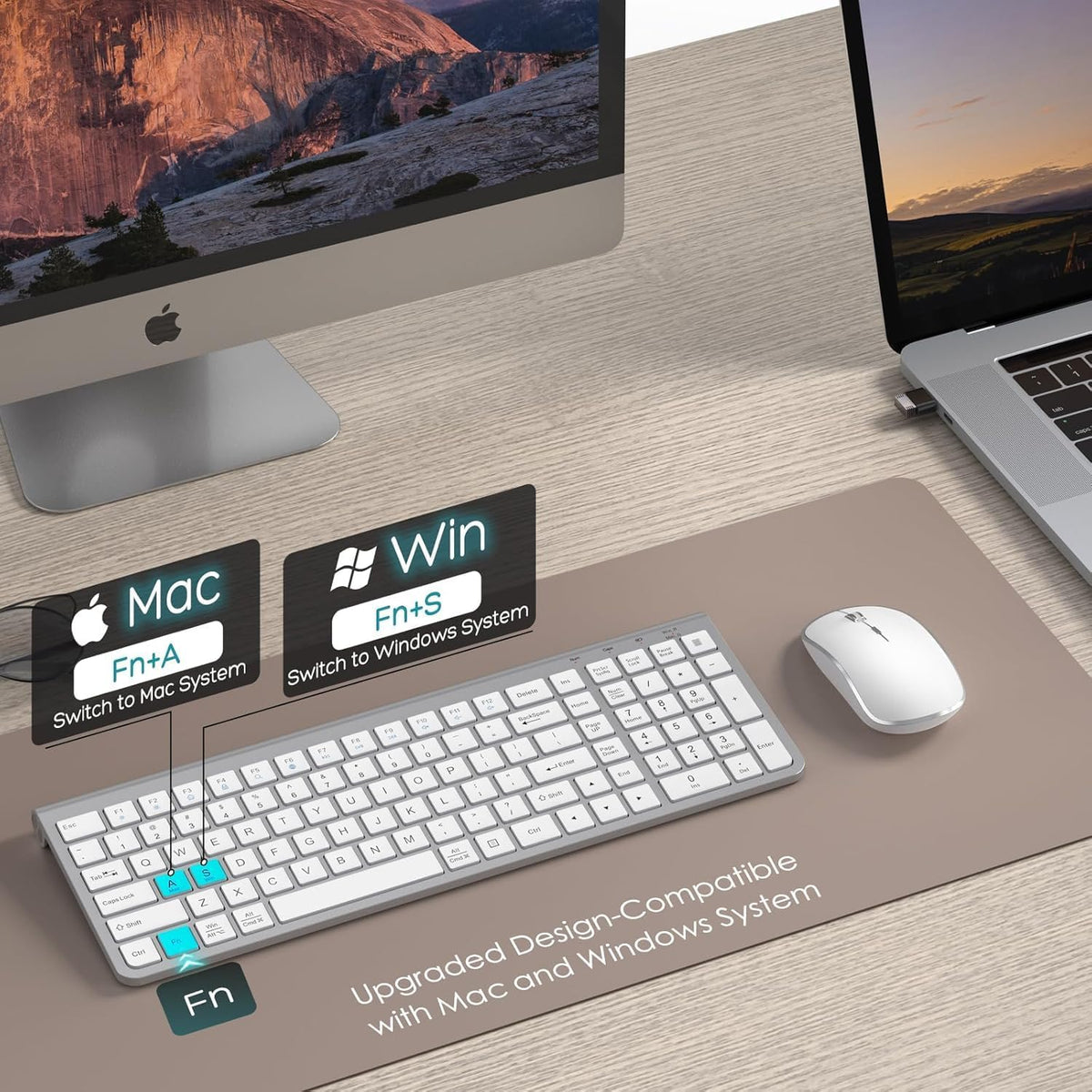 JOYACCESS Wireless Keyboard and Mouse, Ergonomic,Dustproof and Portable Wireless Keyboard with Number Keypad, Adjustable DPI Computer Mouse for Laptop,PC, Windows-Silver White