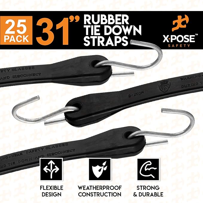 Rubber Bungee Cords with Hooks 25 Pack 31 Inch (47” Max Stretch) Heavy-Duty Black Tie Down Straps for Outdoor, Tarp Covers, Canvas Canopies, Motorcycle, and Cargo - by Xpose Safety
