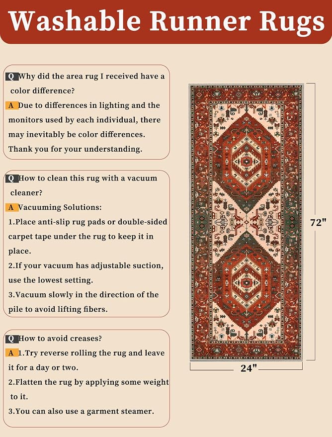 SERISSA Boho Washable Runner Rug, 2x6 Rug Runner Non-Slip Vintage Terracotta