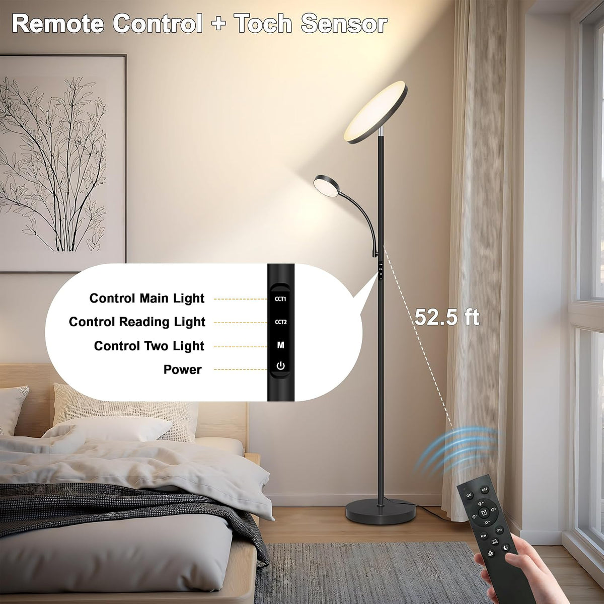 Floor Lamp-42W/4200LM Super Bright Floor Lamp,Dimmable 2-in-1 LED Floor Lamp for Bedroom,Torchiere Floor Lamps with Remote & Touch Control,69" Tall Standing Lamp for Living Room,Office,Reading,Black