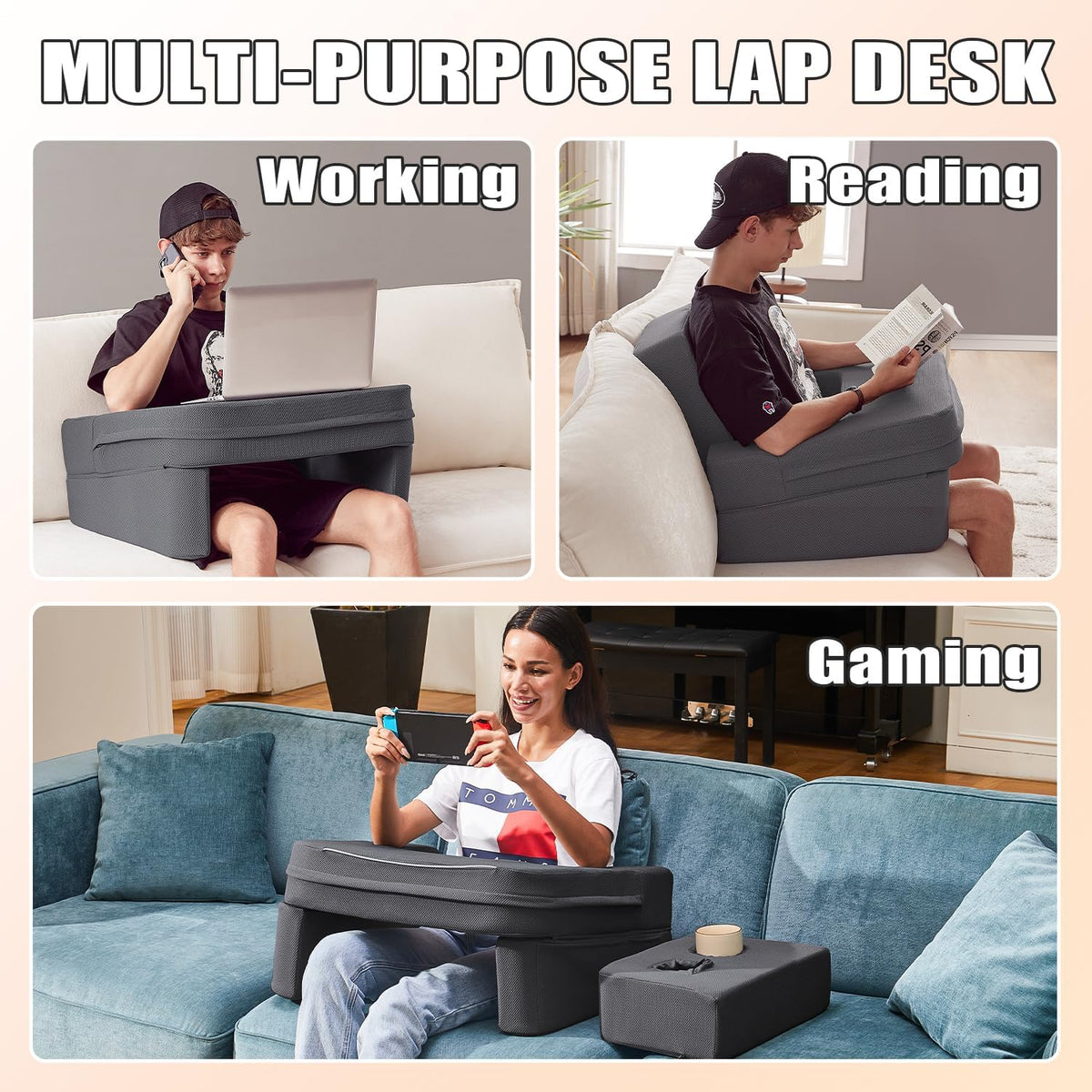 comehealthy Lap Desk for Laptop, Reading Pillow for Adult, Memory Foam Gaming Pillow with Cup Holder, Arm Rest Couch Pillow for Working, Gaming, Reading, Laptop Desk for Couch Bed Floor(Grey)