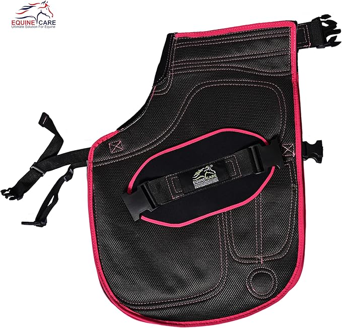 Equine Care Women’s Farrier Apron Chaps 23″ – Leather & Canvas, Adjustable 28–52″ Waist, EVA Padded Knees, Lumbar Support, 4 Knife Pockets & Nail Magnets for Hoof Trimming (Black with Pink Piping)