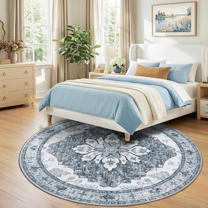 RELEANY Area Rugs Round 8ft Washable Non-Slip, Floral Vintage Distress