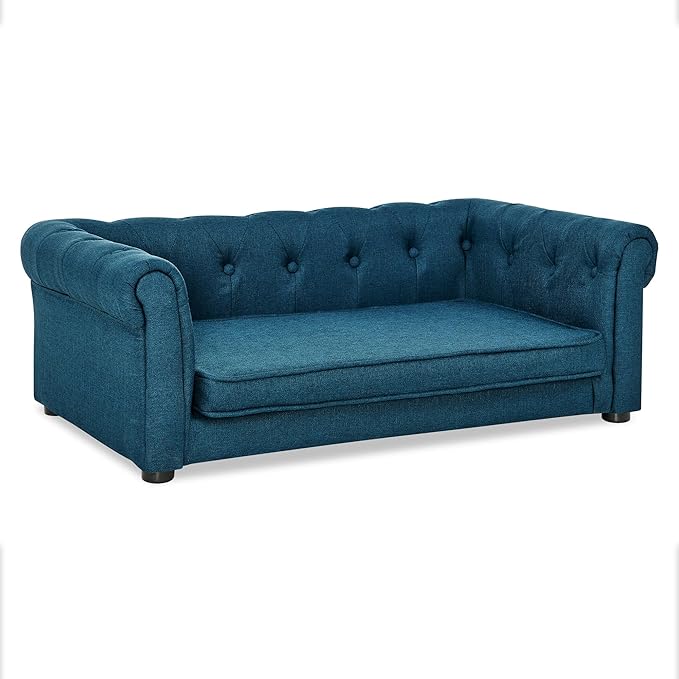 38.9" Elevated Dog Sofa with Button‑Tufted Backrest & Rolled Armrests, Pet Couch Bed with Removable Soft Cushion, Comfortable Upholstery Raised Dog Bed with Thick Padding for Living Room,Bedroom