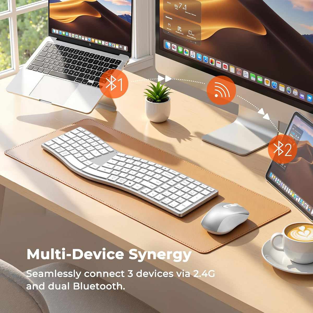 MEETION Wireless Ergonomic Keyboard and Mouse, Split S-Curve Design, White