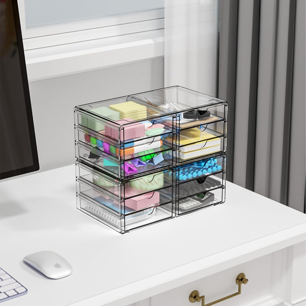 Yieach 2 Pack Acrylic Storage Drawers With 12 Small Drawer,Stackable Office Cabinet Organizer and Makeup Organizer,Clear Plastic Drawers for Craft Supply,Pen,Stationary,Accessory,Makeup,Desk Organizer