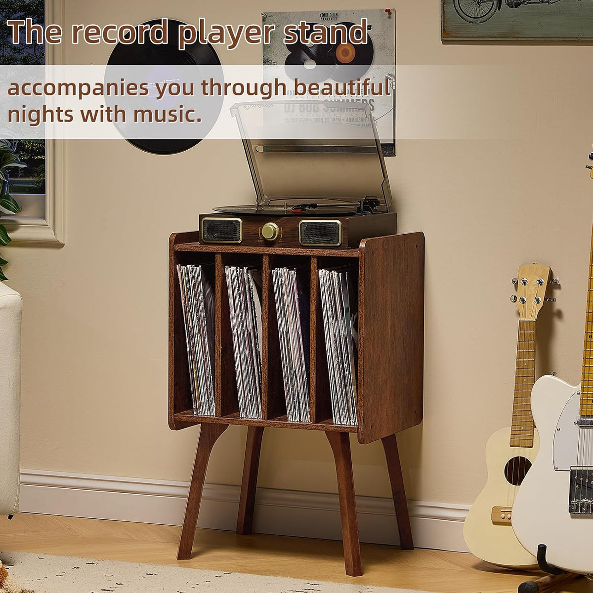 LELELINKY Rustic Brown LP Record Player Stand, Vinyl Record Storage Table