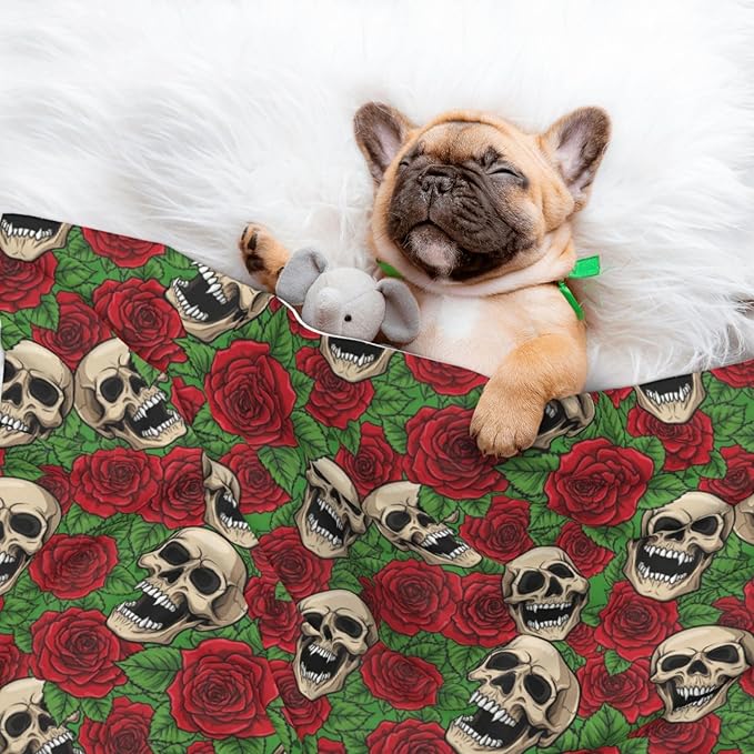 Pet Blanket for Travel and Home, Floral Rose Flowers Day of The Dead Sugar Skulls, Reversible Plush Dot Design with Soft Grip Texture on One Side Perfect for Car Seats Moving Vehicles