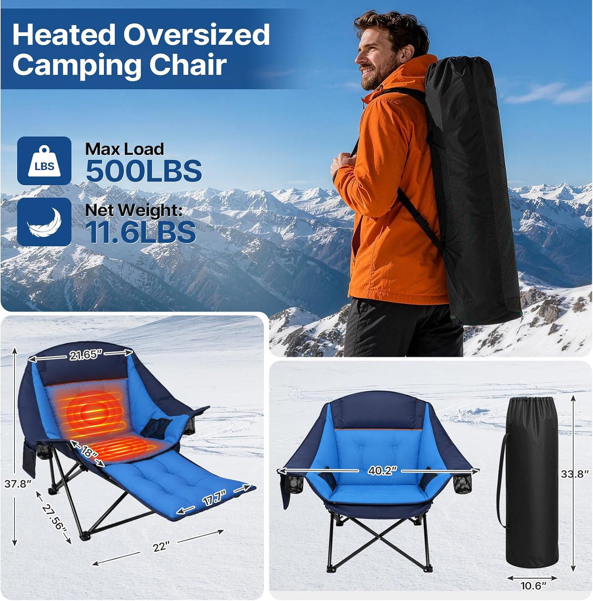 ZENPETIO Oversized Heated Camping Chair with 20000mAh Battery & Footrest