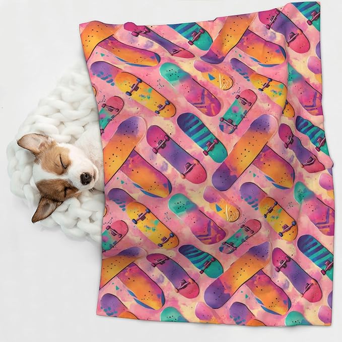 Waterproof Dog Blanket Soft Pet Blanket for Puppy Cat, Fleece Cat Throw Blankets for Furniture Bed Couch Sofa Reversible - Watercolor Colorful Skateboards