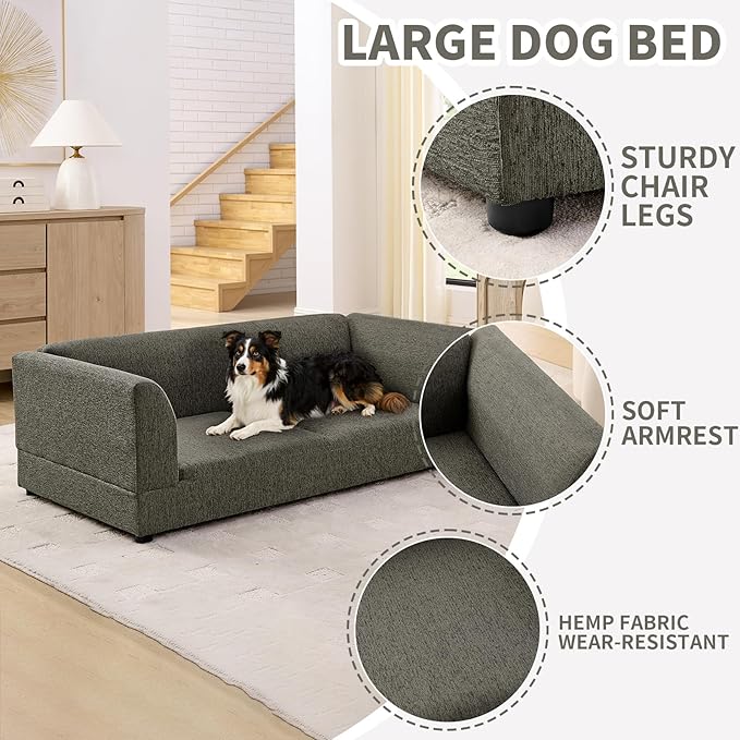 Oversized Dog Sofa Couch for Medium & Large Dogs, Modern Pet Couch Bed with Backrest & Armrests, Supportive Foam Cushion, Linen Fabric Dog Couch