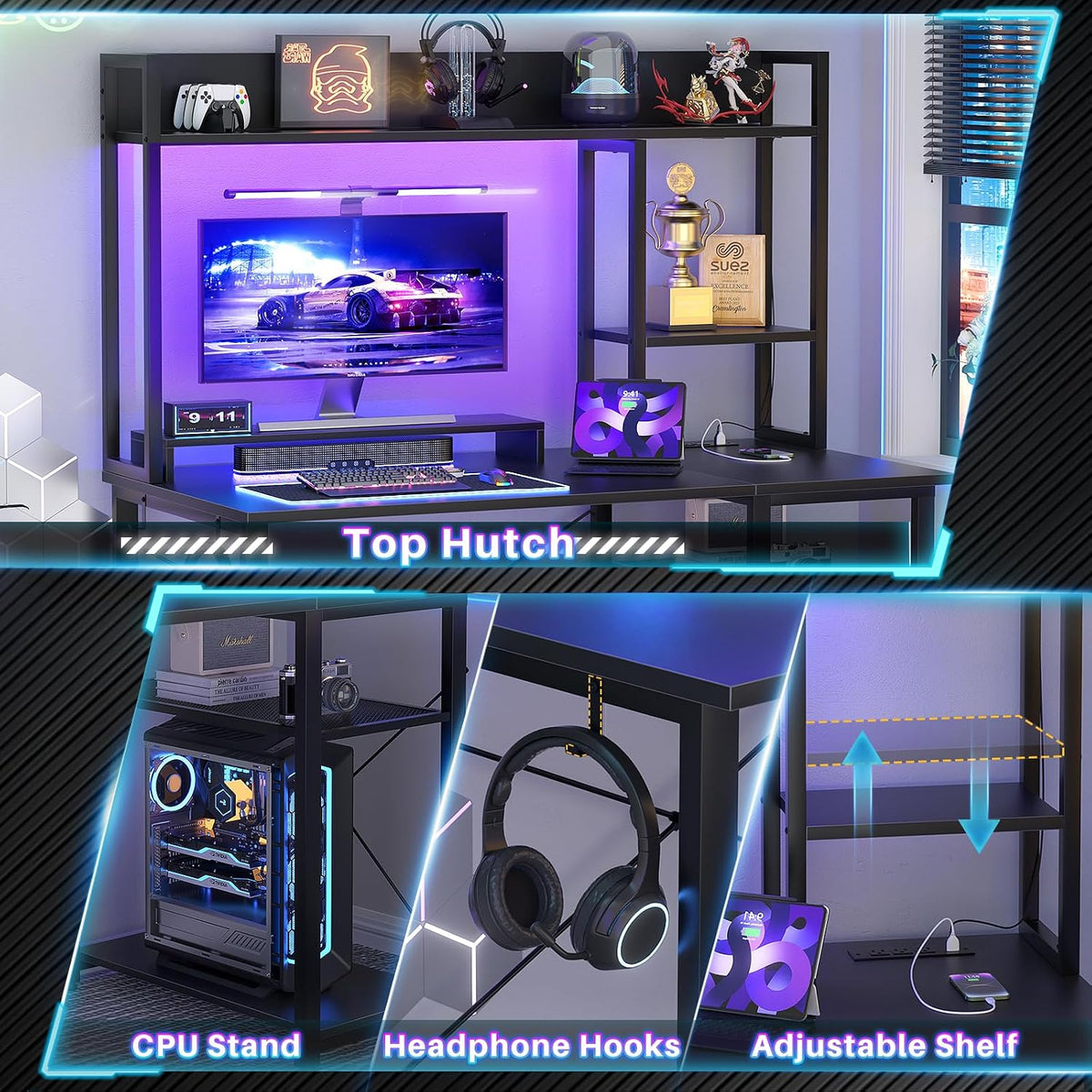 Cyclysio Gaming Desk with Hutch, 39'' Computer Desk with LED Lights & Power Outlets, Home Office Desk with Reversible 5 Tiers Storage Shelves & Monitor Stand, Small Gaming Table for Small Space, Black