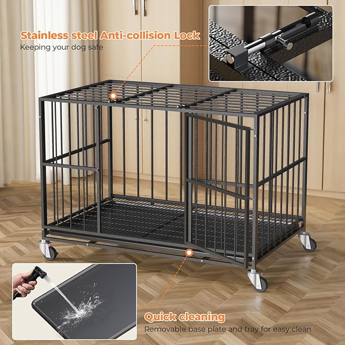 42 Inch Heavy Duty Dog Crate Steel Escape Proof,Indoor Double Door High Anxiety Cage, Removable Tray, Kennel with Wheels,XL XXL