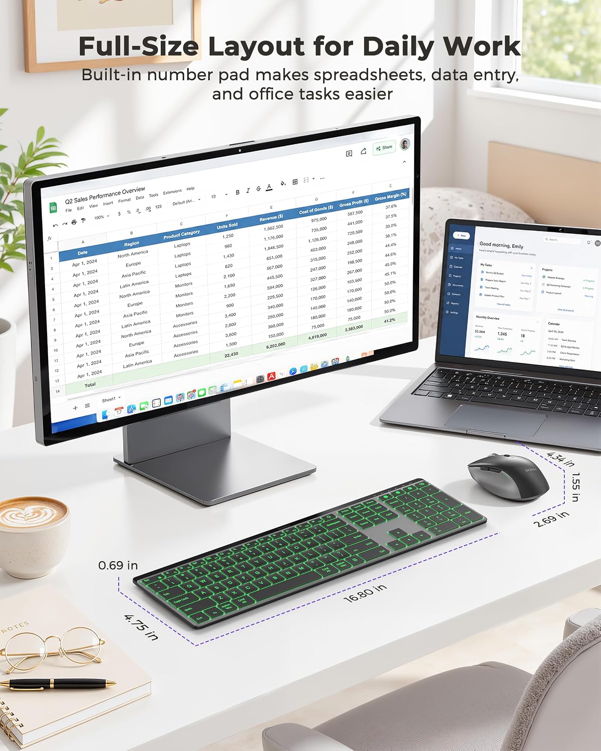 seenda COE64-3 Pro Wireless Bluetooth Keyboard Mouse Combo, 7-Color Backlit