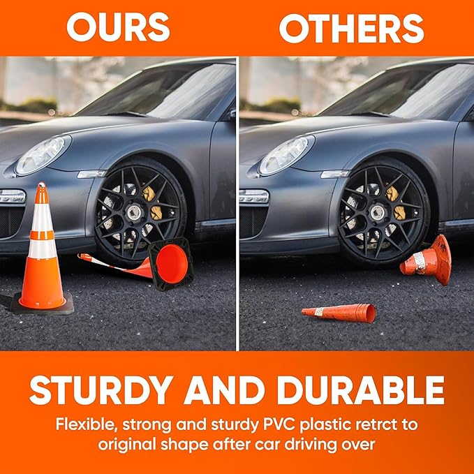 Pyle 28-Inch Safety Traffic Cones, 4-Pack Orange Parking Cones with Reflective Collars, Stackable PVC Construction for Roadwork, Sports Training & Events, Solid High-Density Base for Stability