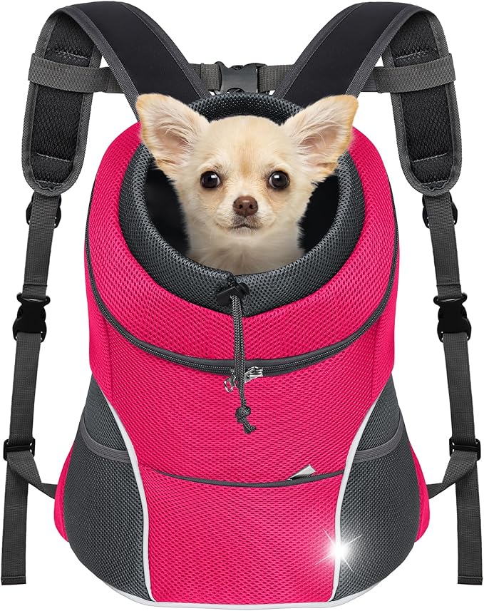 YUDODO Dog Front Carrier Backpack, Adjustable Breathable Pet Carrier for Small Dogs, Ventilated Puppy Back Pack with Safety Belt, Lightweight Doggy Backpack for Hiking Outdoor (Rose, L: 9-13.5 lbs)